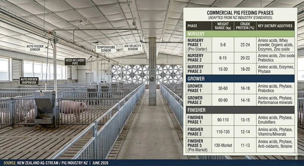 Commercial pig phase feeding program chart protein levels and additives by growth stage USA 2025