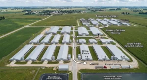 Farrow-to-finish pig farm aerial view showing farrowing nursery and grow-finish barns, USA, 2026