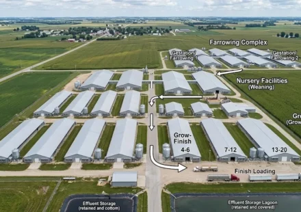 Farrow-to-finish pig farm aerial view showing farrowing nursery and grow-finish barns, USA, 2026