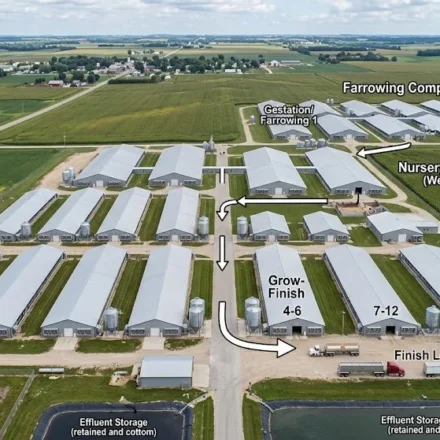 Farrow-to-finish pig farm aerial view showing farrowing nursery and grow-finish barns, USA, 2026