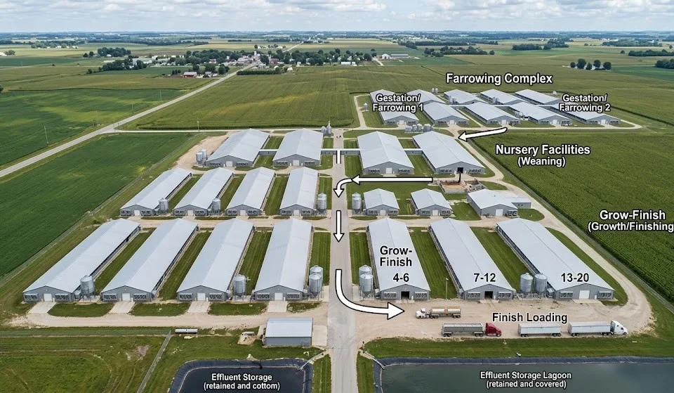 Farrow-to-Finish vs. Wean-to-Finish: Which Pig Production System Is Right for You? Farrow-to-finish pig farm aerial view showing farrowing nursery and grow-finish barns, USA, 2026