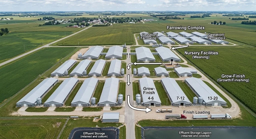 Farrow-to-finish pig farm aerial view showing farrowing nursery and grow-finish barns, USA, 2026