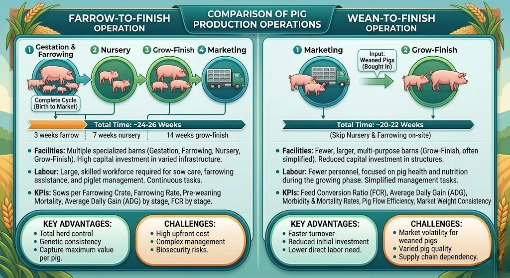 Farrow-to-finish vs. wean-to-finish pig production systems comparison infographic, USA, 2026