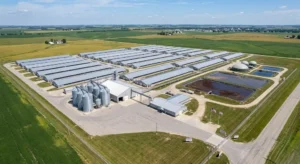 Modern commercial pig farm aerial view showing barns, feed storage, and manure management systems, USA