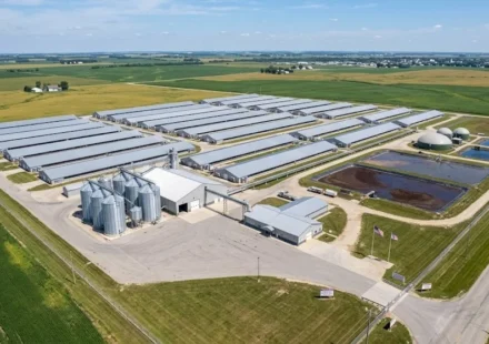 Modern commercial pig farm aerial view showing barns, feed storage, and manure management systems, USA