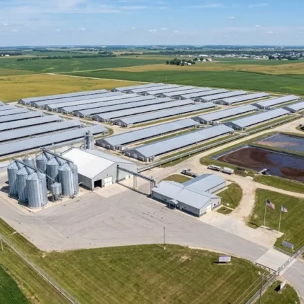Modern commercial pig farm aerial view showing barns, feed storage, and manure management systems, USA