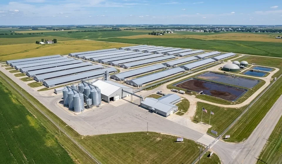 Inside a Modern Commercial Pig Farm: How Today’s Operations Really Work Modern commercial pig farm aerial view showing barns, feed storage, and manure management systems, USA