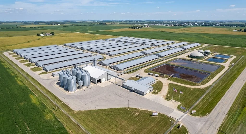Modern commercial pig farm aerial view showing barns, feed storage, and manure management systems, USA