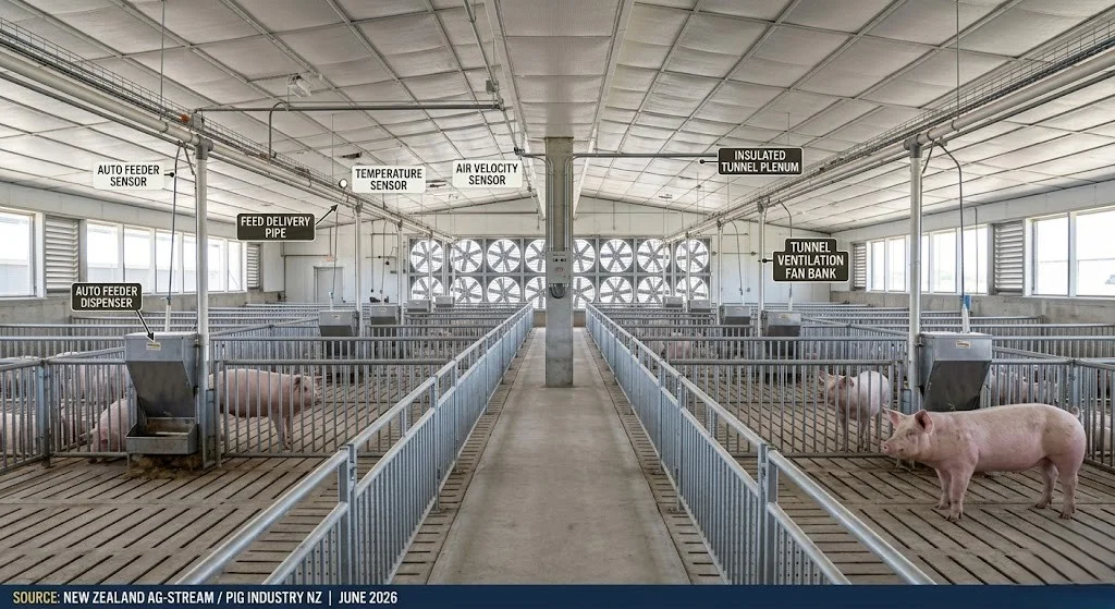 Inside modern commercial pig grow-finish barn tunnel ventilation concrete slats automatic feeders