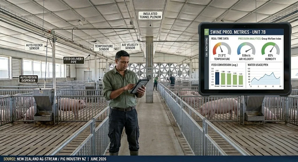 Pig farm manager reviewing production data, technology, precision farming, commercial operation, USA