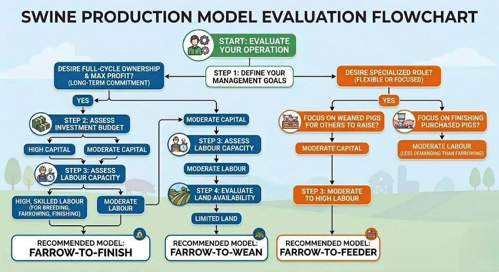 Pig farming production system selection decision flowchart USA commercial operations 2026