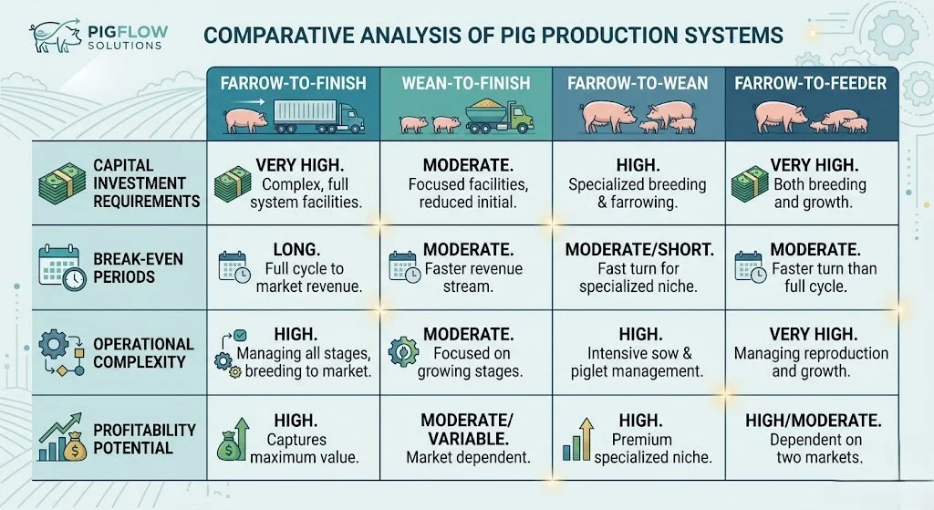 Pig production systems comparison chart: capital investment break-even, profitability USA 2025