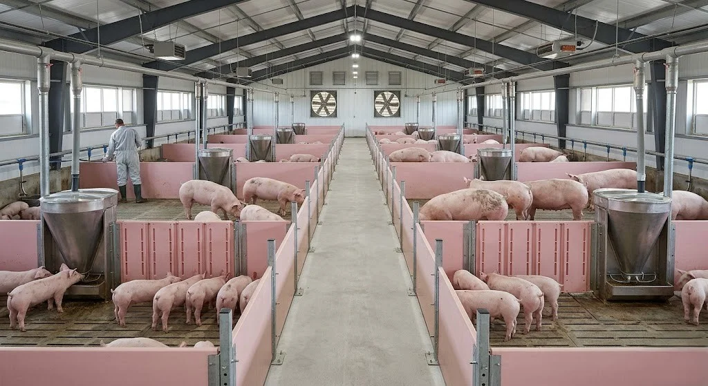 Wean to finish pig barn interior moveable pen dividers, weaned pigs' placement USA commercial