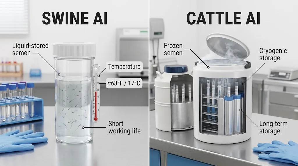 Liquid-stored boar semen compared with frozen cattle semen for artificial insemination