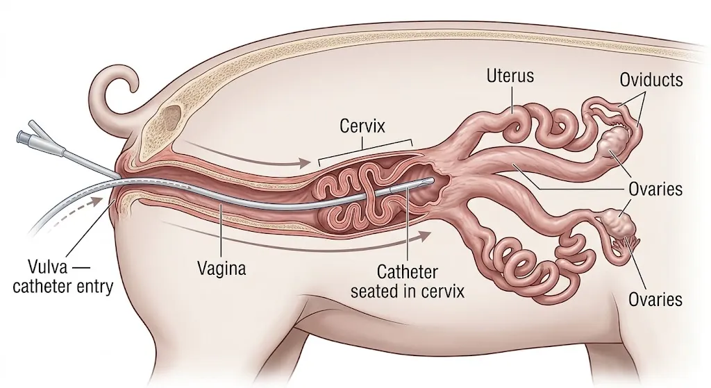 Pig artificial insemination catheter passing through the vulva and vagina into the cervix