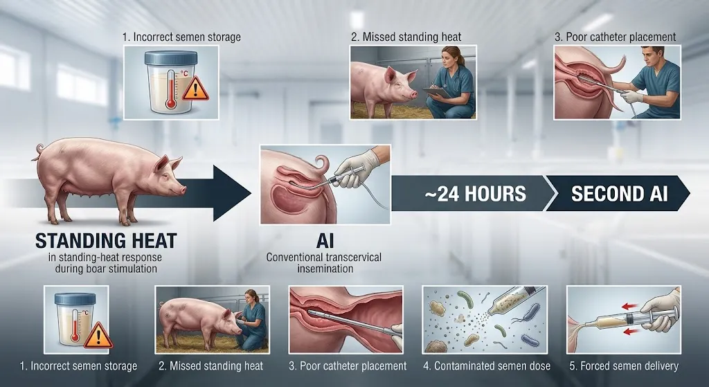 Pig artificial insemination timing, standing heat, and common failure points