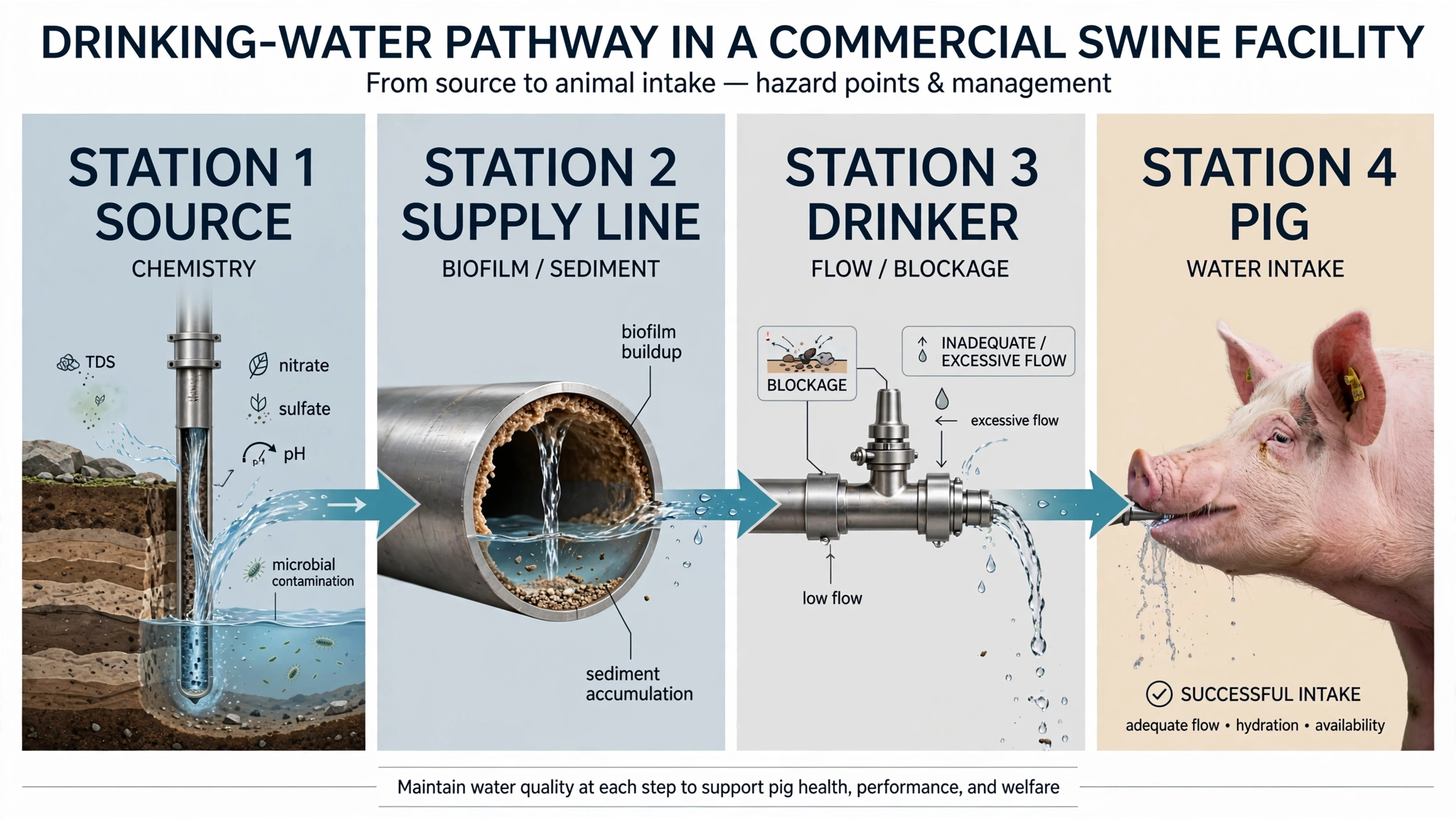 Pig water quality pathway from source through supply line and drinker to pig