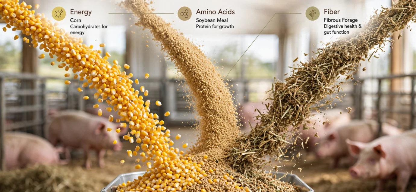 Balanced pig diet showing corn, soybean meal, and fiber sources combined into a complete ration