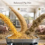Balanced pig diet showing corn, soybean meal, and fiber sources combined into a complete ration