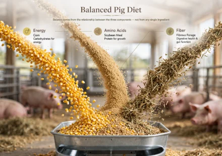 Balanced pig diet showing corn, soybean meal, and fiber sources combined into a complete ration