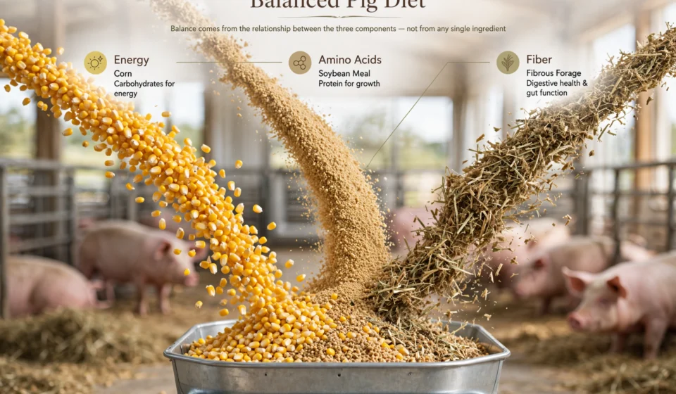 Balanced pig diet showing corn, soybean meal, and fiber sources combined into a complete ration