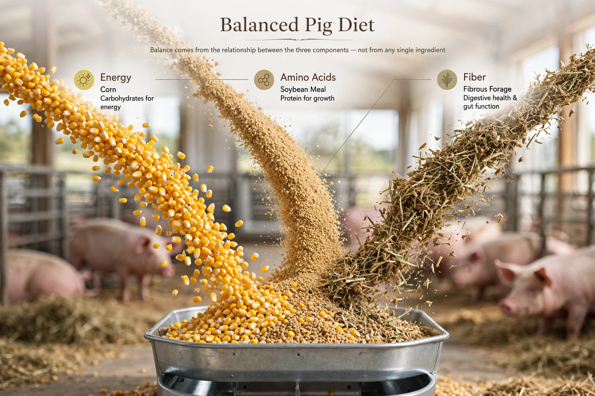 Balanced pig diet showing corn, soybean meal, and fiber sources combined into a complete ration