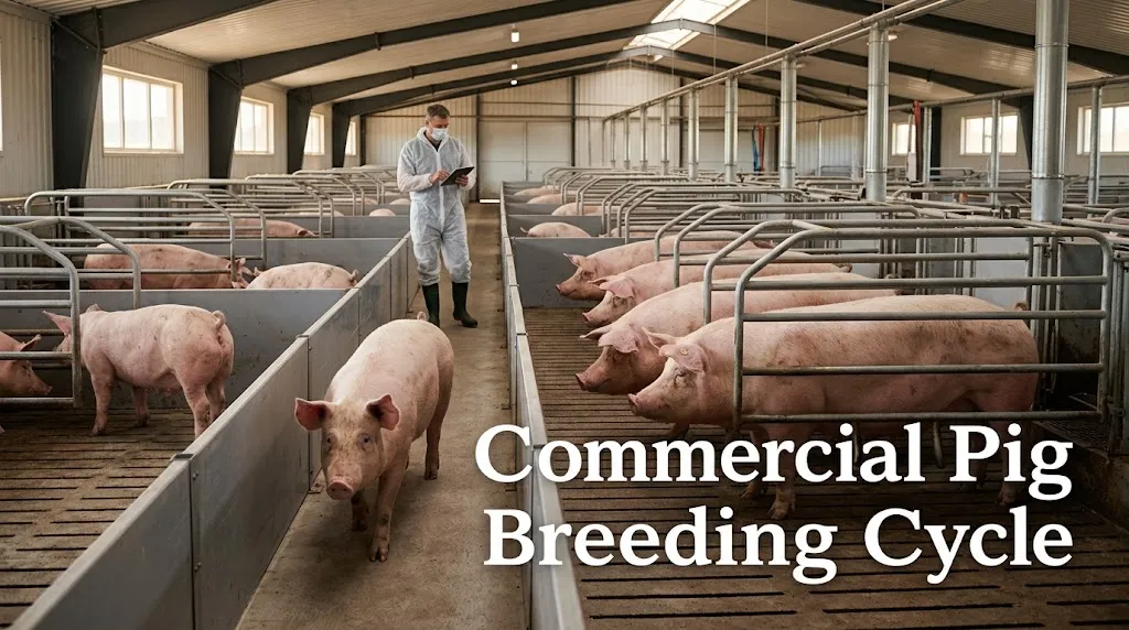 Commercial pig breeding cycle showing gestation, lactation, and return to estrus