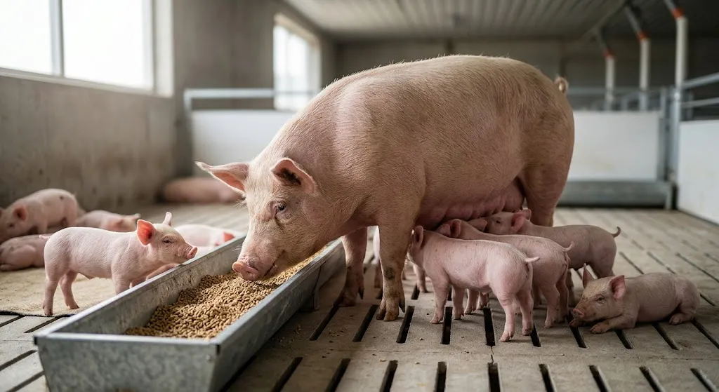Lactating sow eating feed while nursing piglets in a commercial pig farm