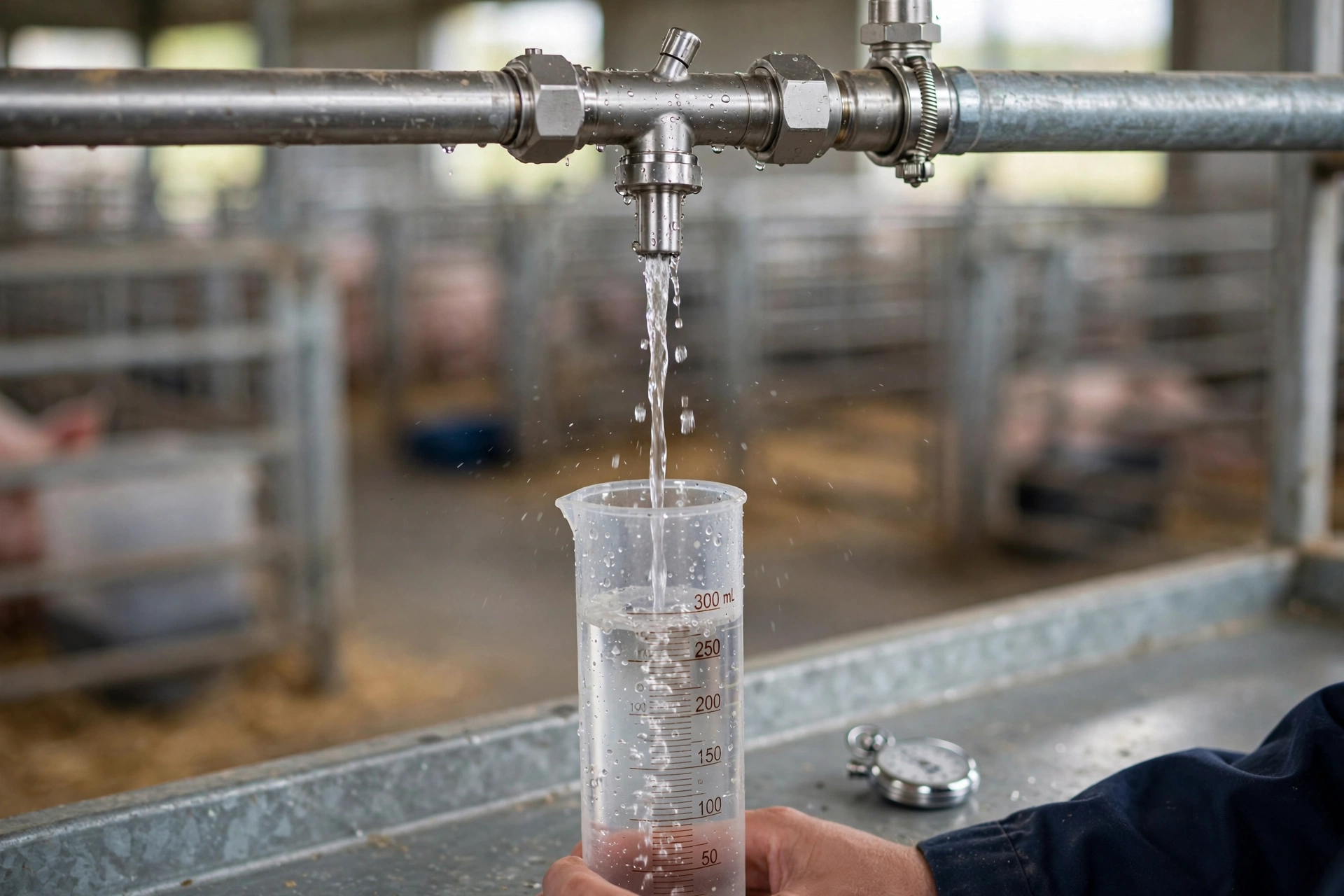 Measuring pig nipple drinker flow rate with a container