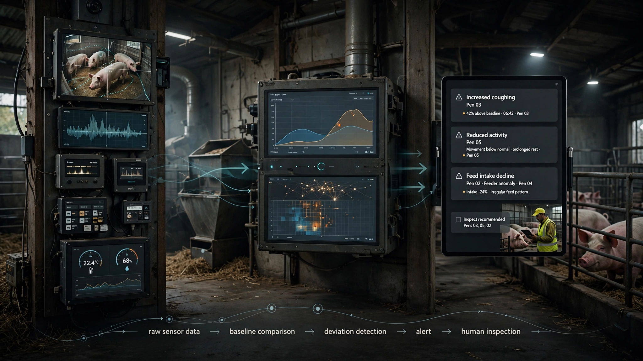 AI and machine learning analyzing smart pig farming sensor data