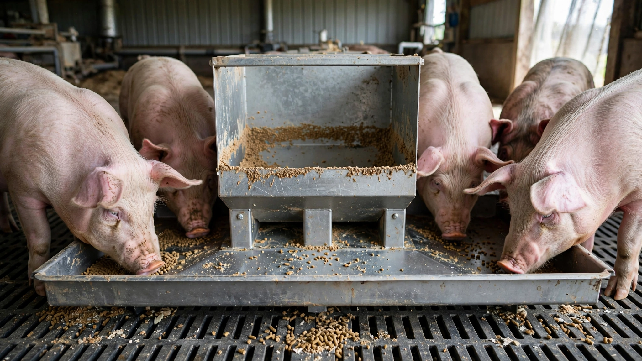 pig feeder adjustment showing feed pan coverage and feed waste