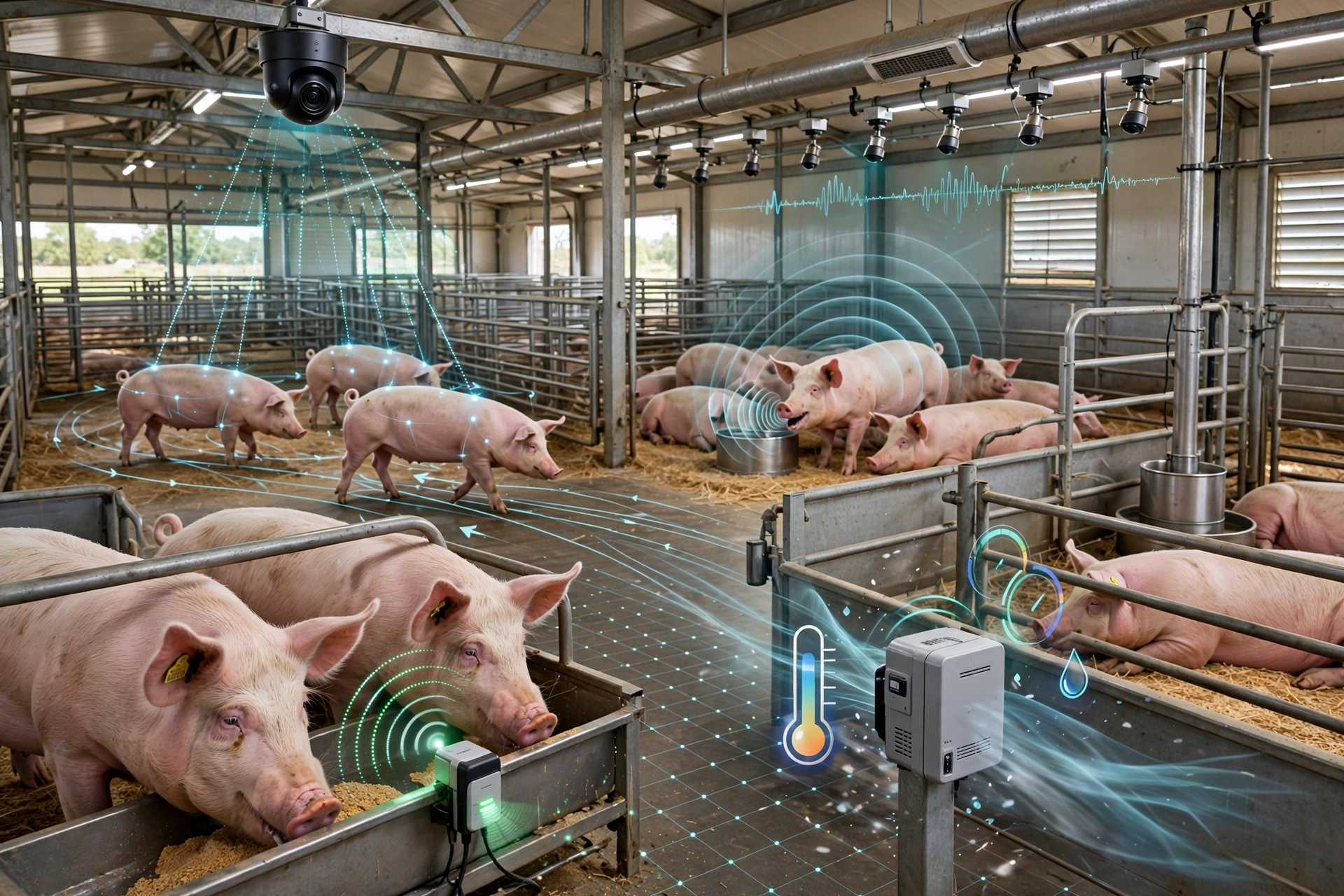 Sensors measuring pig movement, weight, sound and identification