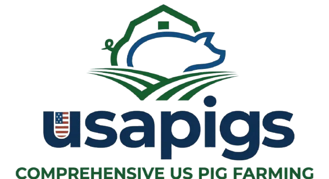 The USAPIGS logo shows a pig outline over farm fields with a barn and the word “usapigs” in blue with a USA flag pattern in the letter U and the tagline “Comprehensive US Pig Farming”.