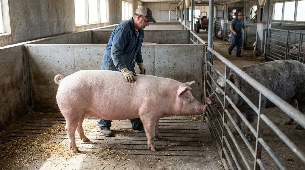 Sow showing the standing reflex during a pig heat detection back-pressure test