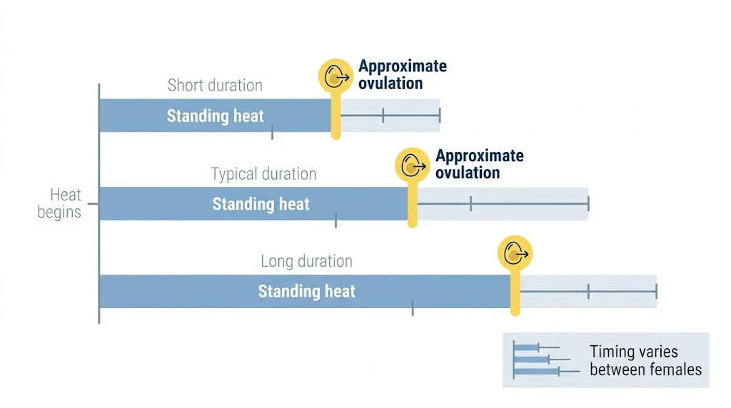 Pig heat cycle timeline showing standing heat and approximate ovulation timing