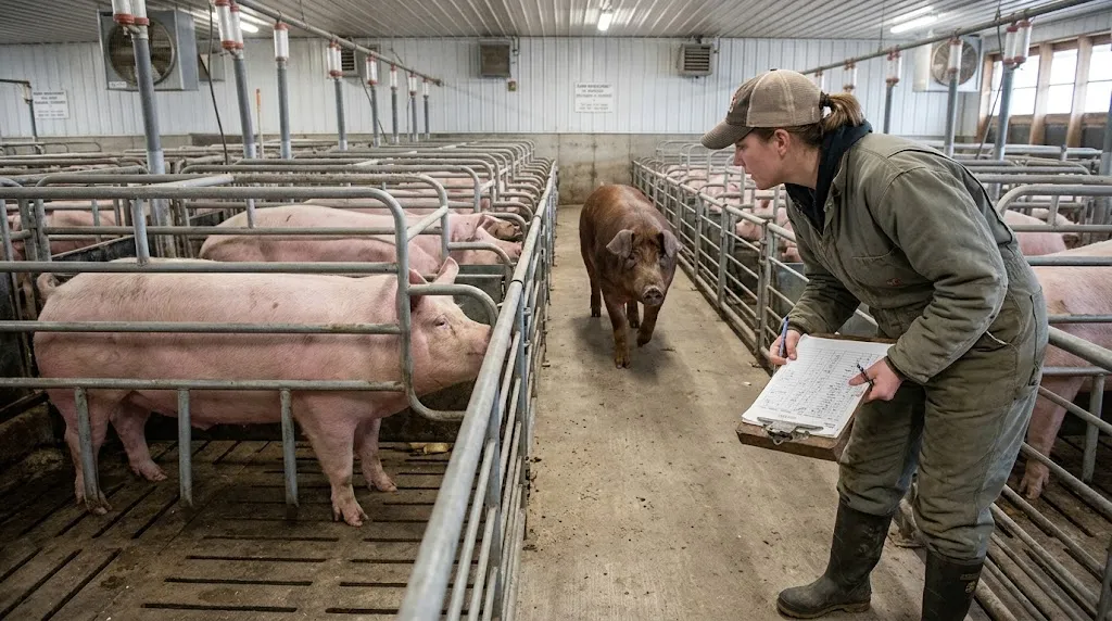 Farmer checking weaned sows for heat with a mature boar during a daily breeding routine