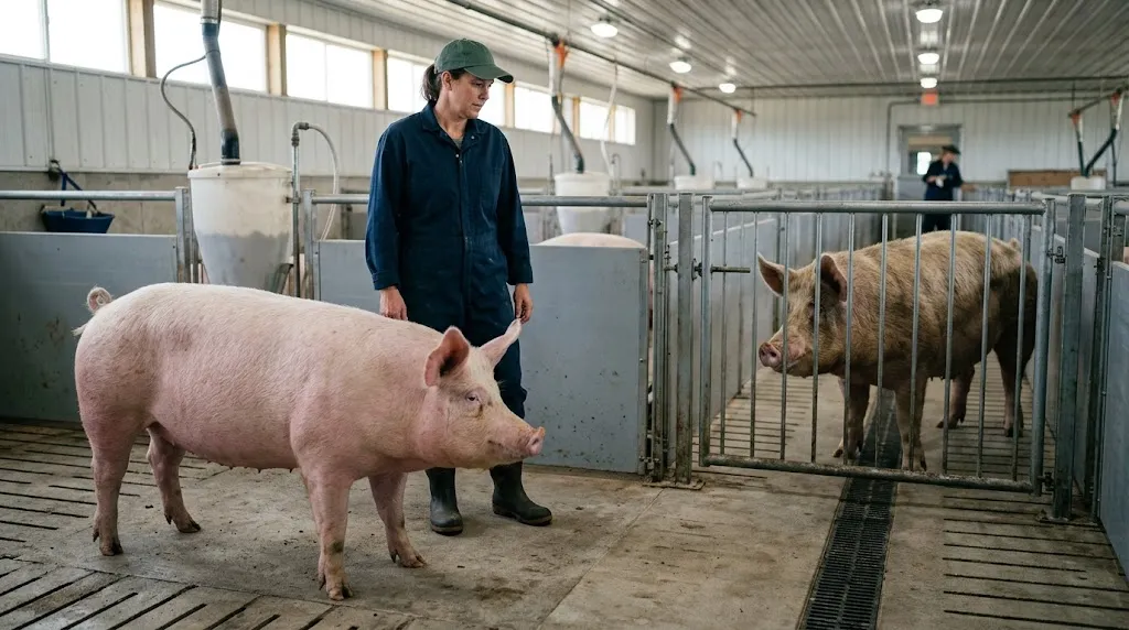 Boar exposure being used to detect return to estrus in a sow around 21 days after mating