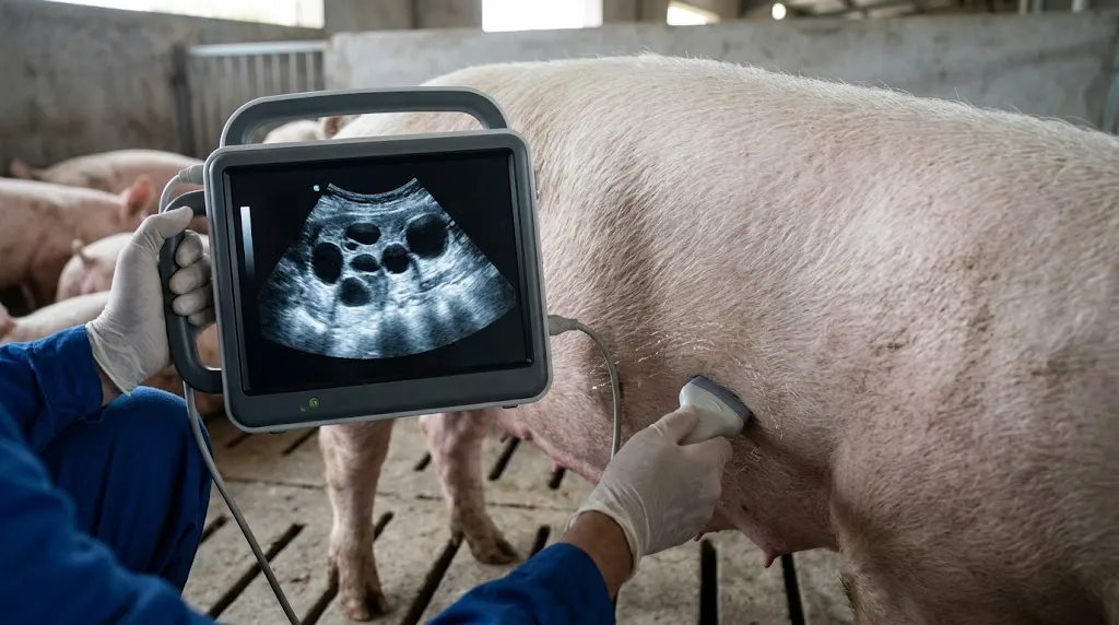 B-mode ultrasound screen showing multiple fluid-filled uterine pockets during sow pregnancy diagnosis