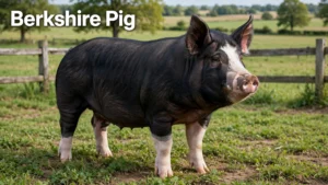 Berkshire pig breed with black coat, white face and feet, and erect ears