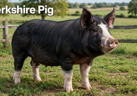 Berkshire pig breed with black coat, white face and feet, and erect ears