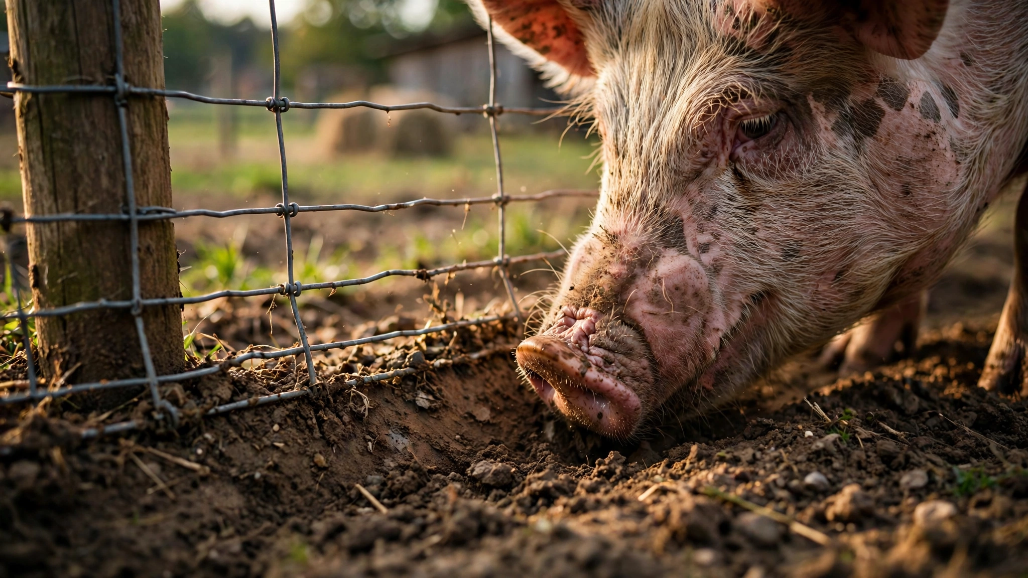 Pig rooting beneath a fence at the ground level