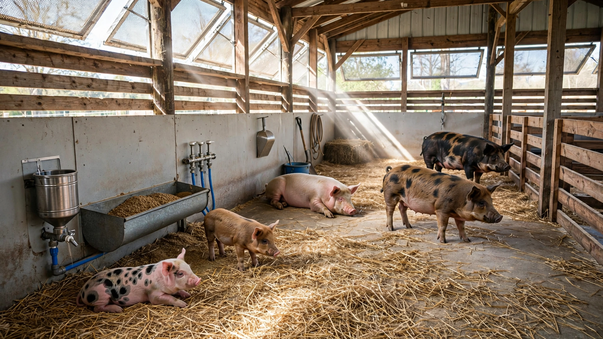 Growing pigs in an indoor pen with adequate floor space