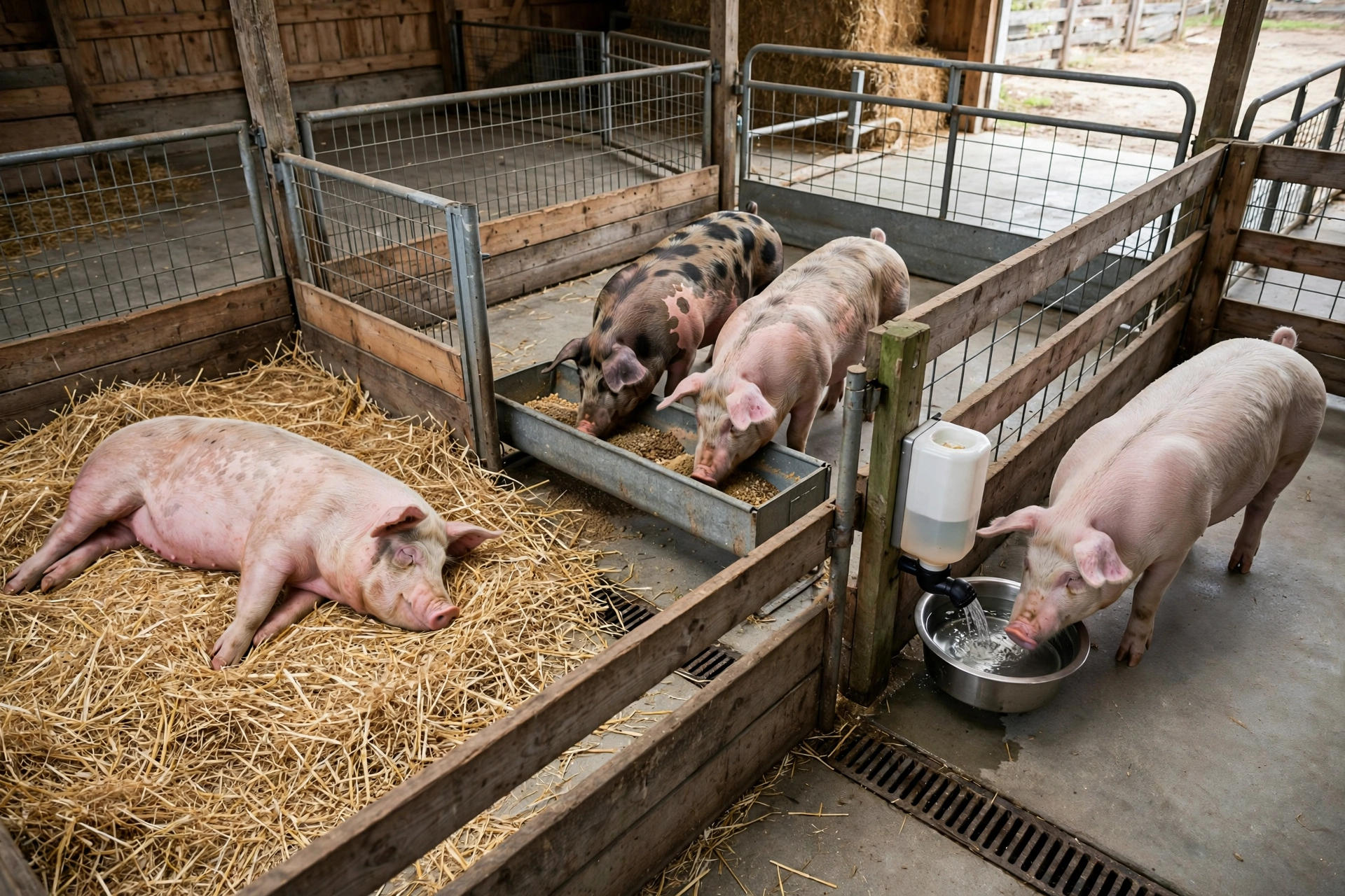 Pig pen showing lying, feeding, and watering space
