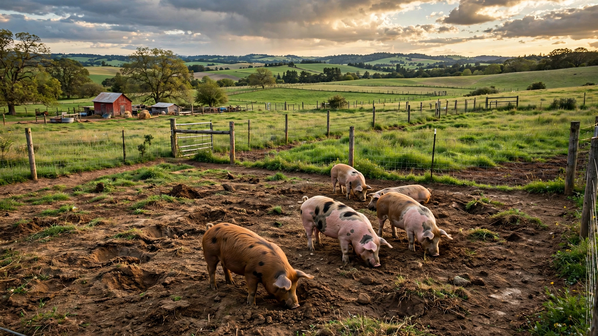Pigs rooting in a rotated pasture paddock on a small U.S. farm