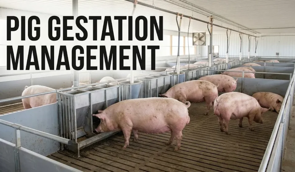 Pig gestation management in a commercial barn with pregnant sows and individual feeding stations