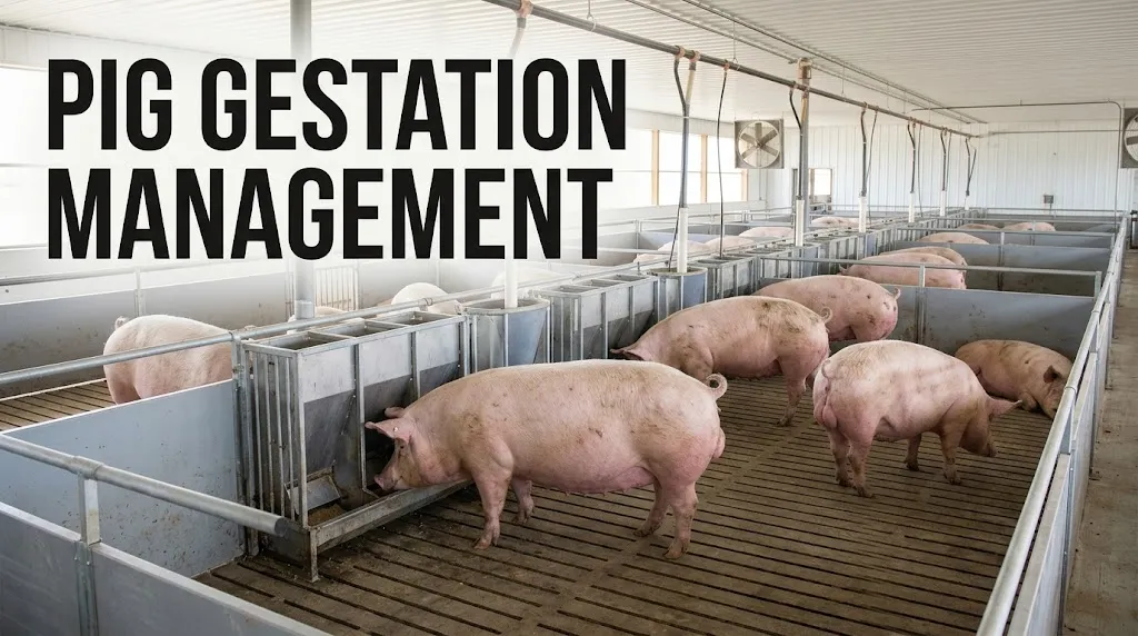 Pig gestation management in a commercial barn with pregnant sows and individual feeding stations